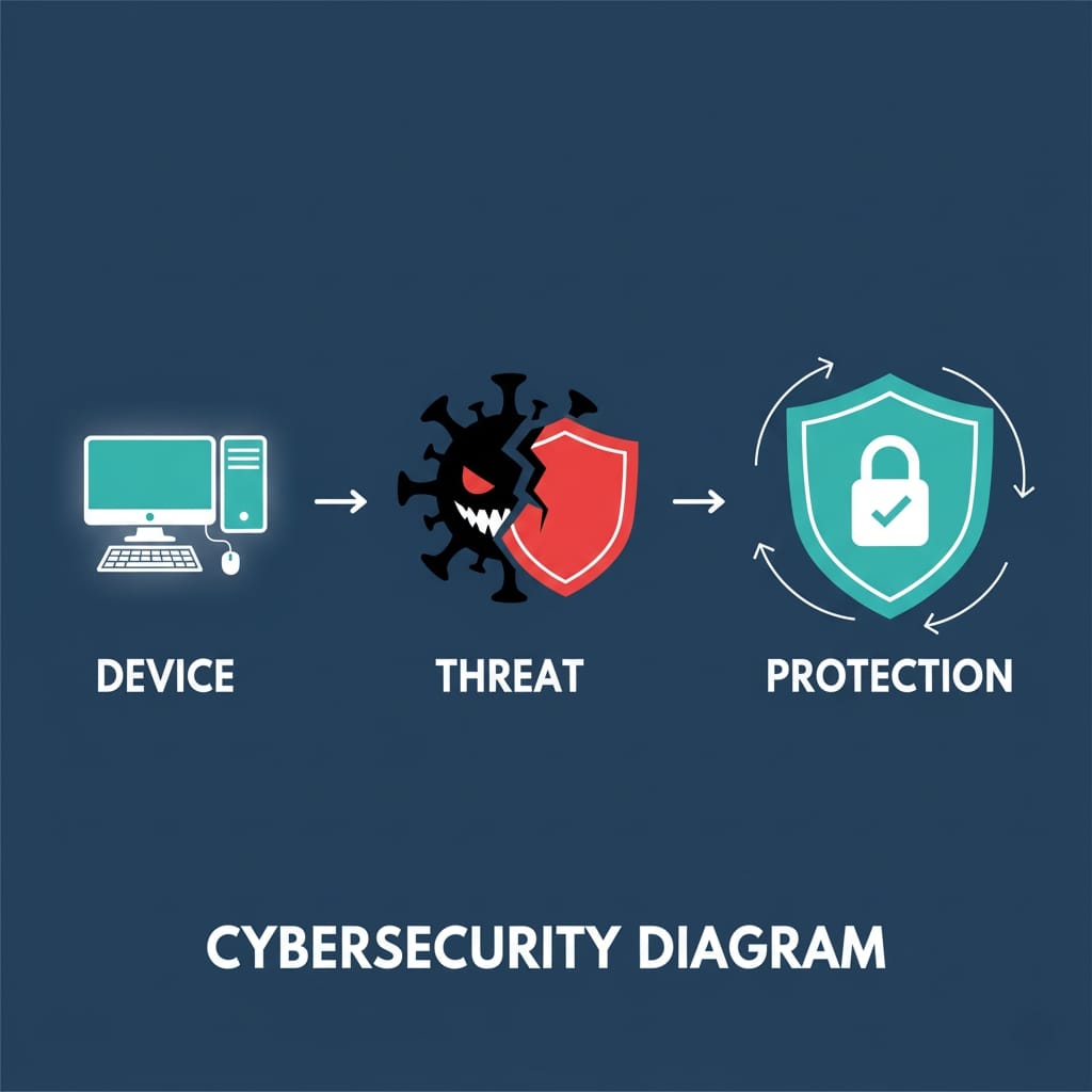 Basic illustration of device, cyber threat, and protection process