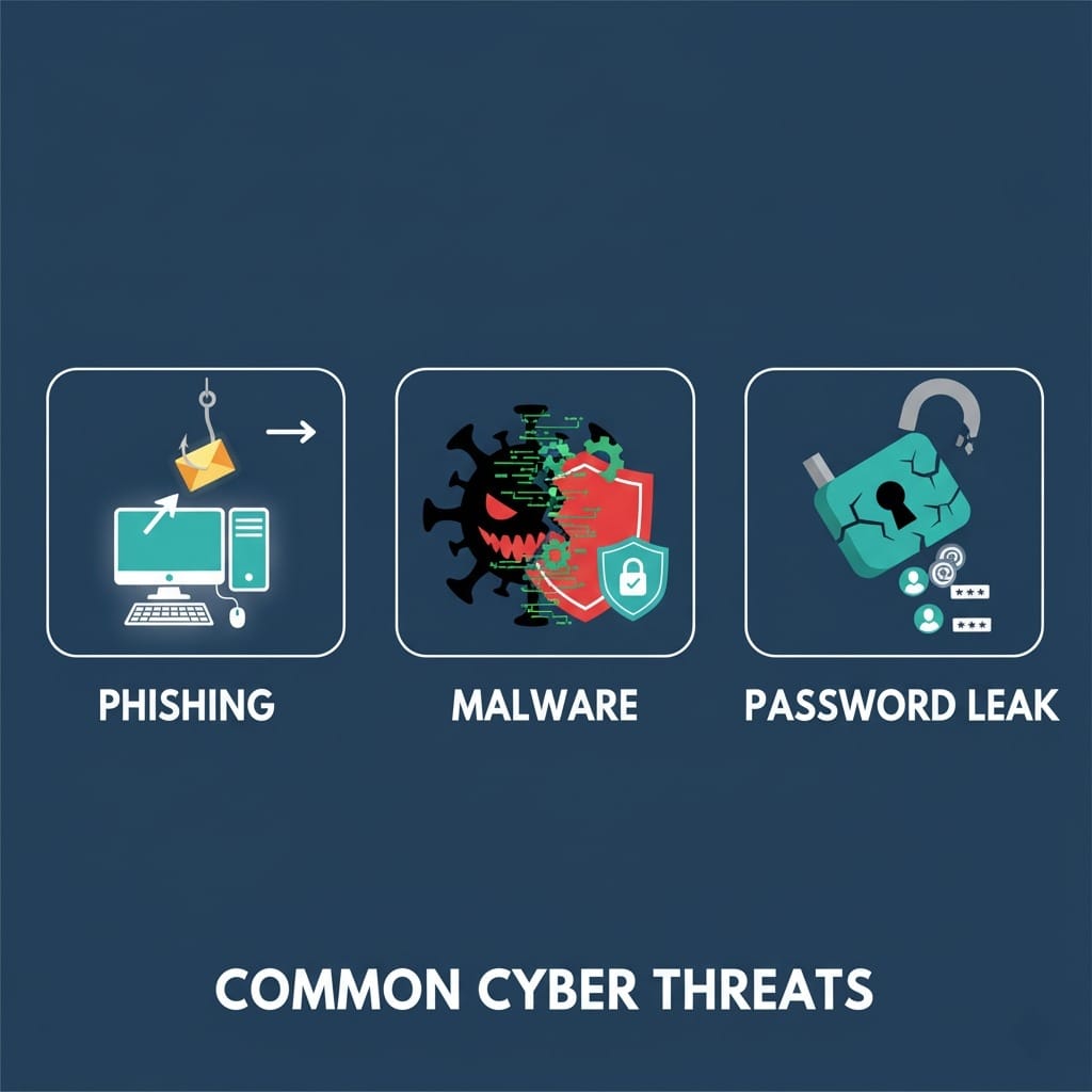 Graphic showing phishing, malware, password leak icons